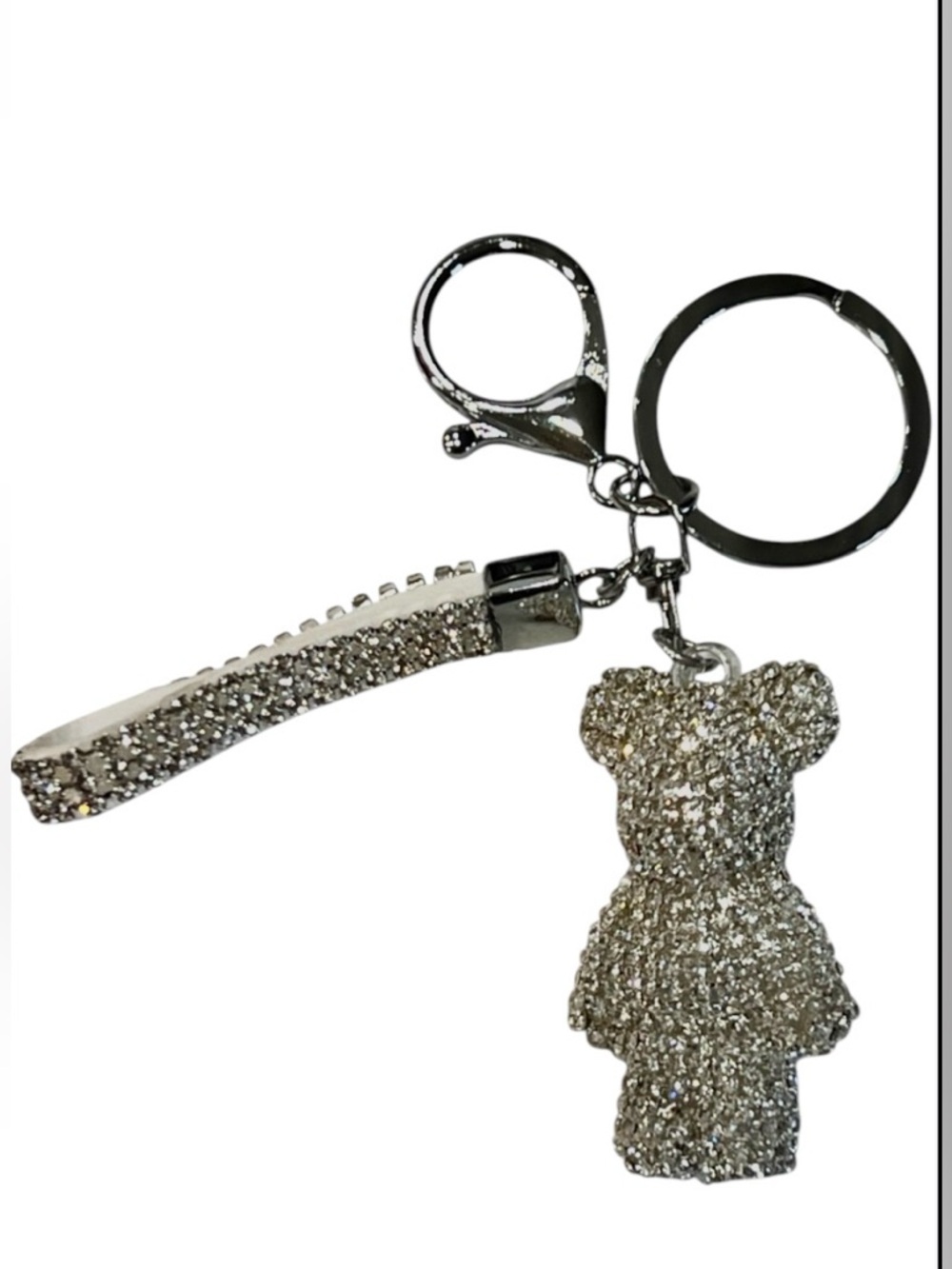 Silver Glitter Bear Bag Charm Keychain with Strap - NWT